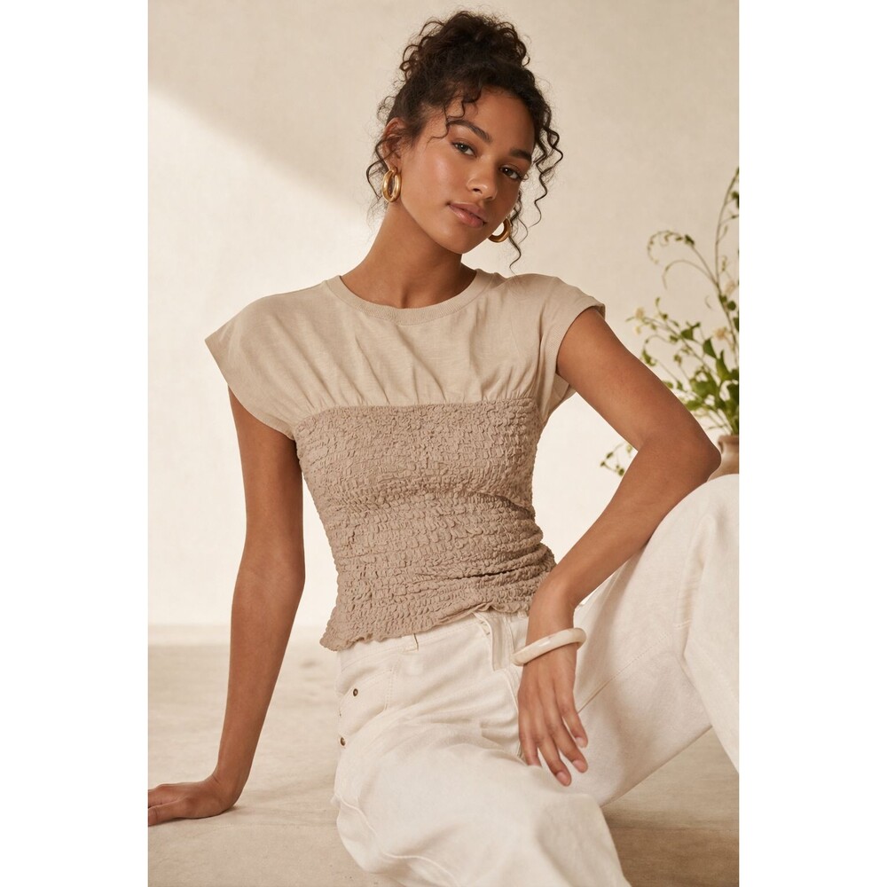 Maeve Smocked Muscle Top L Beige Anthropologie Coastal Grandma NWT